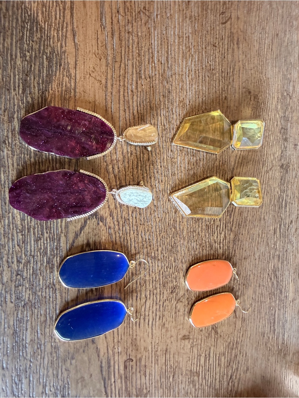 4 pairs Statement drop earrings Gold trimmed purple, gold lucite, Women Jewelry